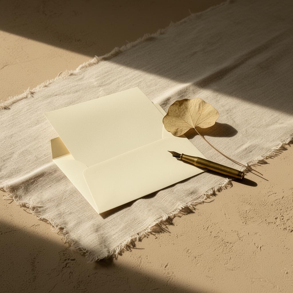 Une lettre, une plume, une feuille de heartleaf séchée sur lin et plâtre